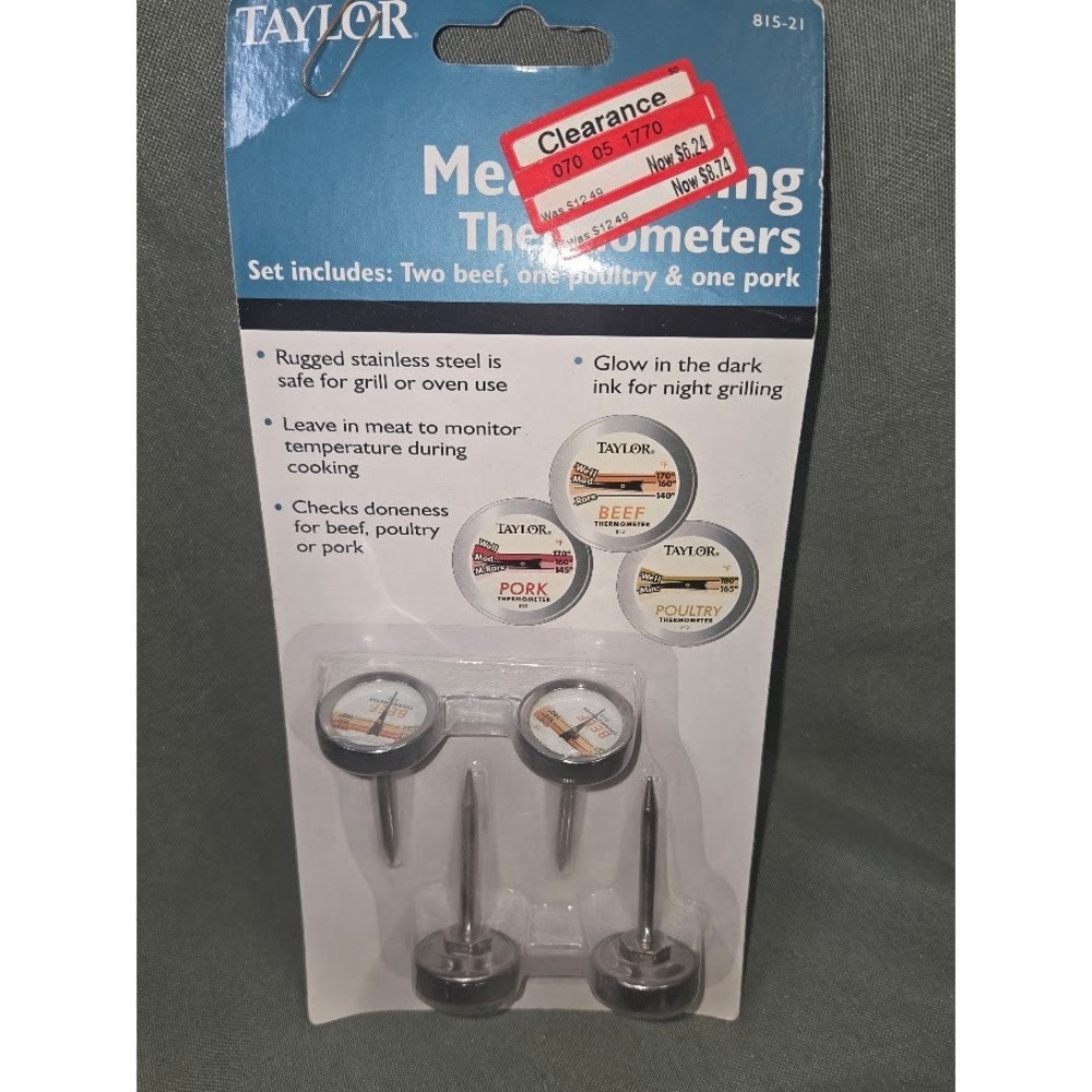 Taylor 815-21 Meat Thermometer Set 4 Piece Stainless Steel Glow in Dark BBQ Oven